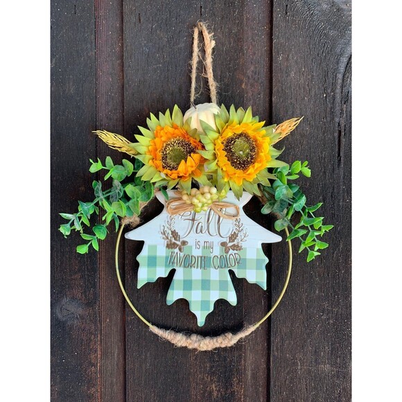 11" Fall Wreath with Sunflowers and Eucalyptus on Gold Wire Ring - Picture 3 of 7